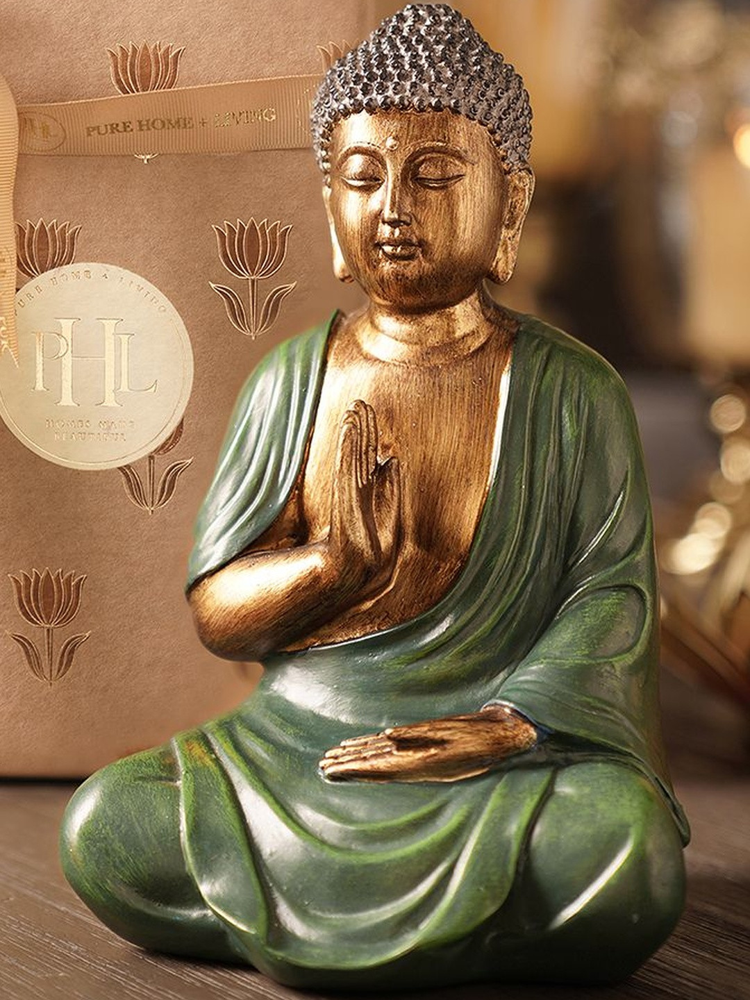Pure Home and Living Gold-Toned & Green Sitting Buddha Idol Showpiece
