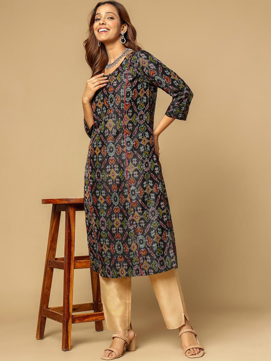 Fabindia Ethnic Motifs Woven Design Ikat Technique Straight Silk Kurta