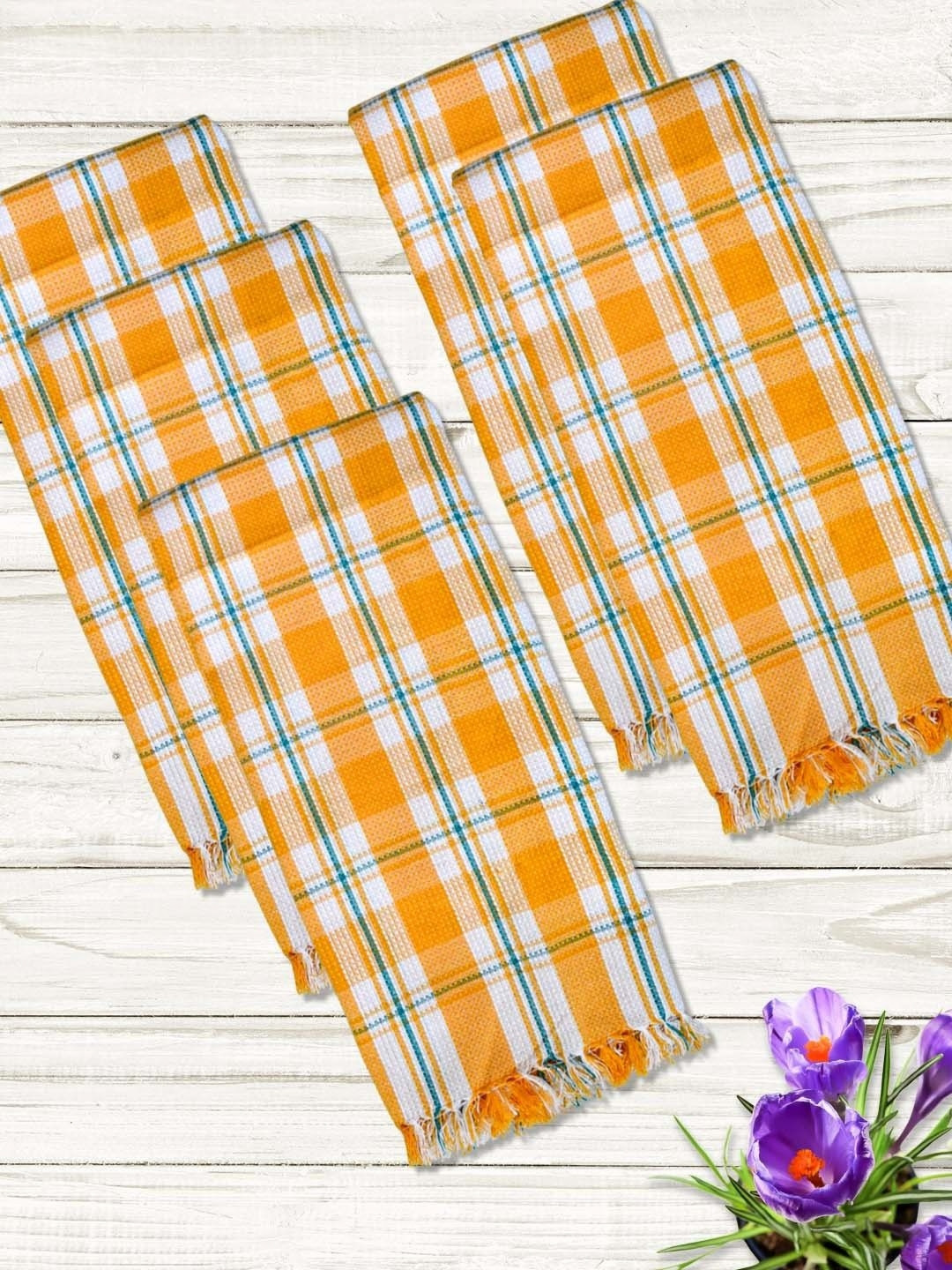 Athom Living Yellow & White 5 Pieces Checkered Printed Cotton 210 GSM Thin Bath Towels