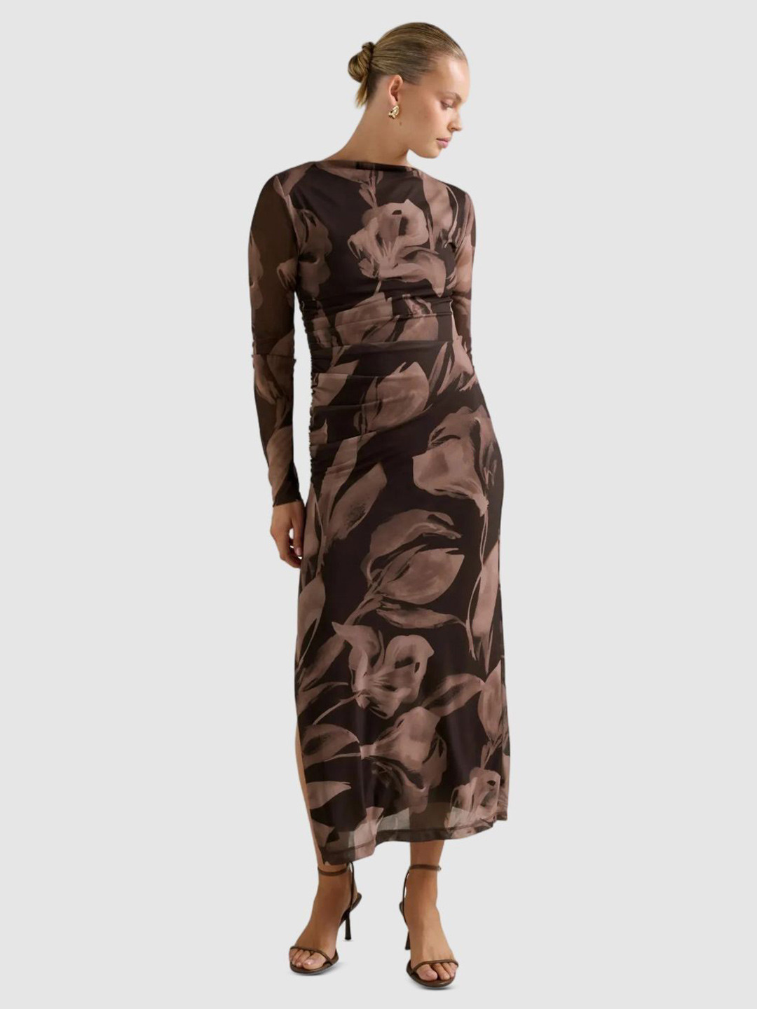 Forever New Women Ethnic Motifs Printed Gathered Boat Neck Long Sleeves Bodycon Midi Dress