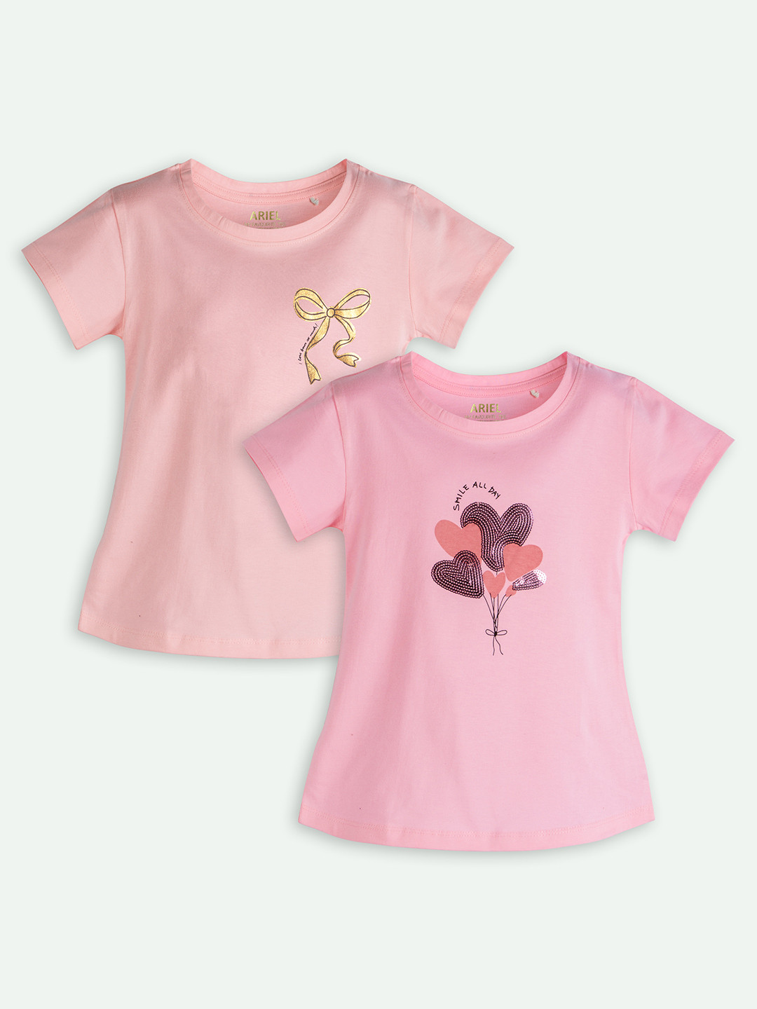 ariel Girls Set Of 2 Graphic Printed Short Sleeves Cotton T-shirts