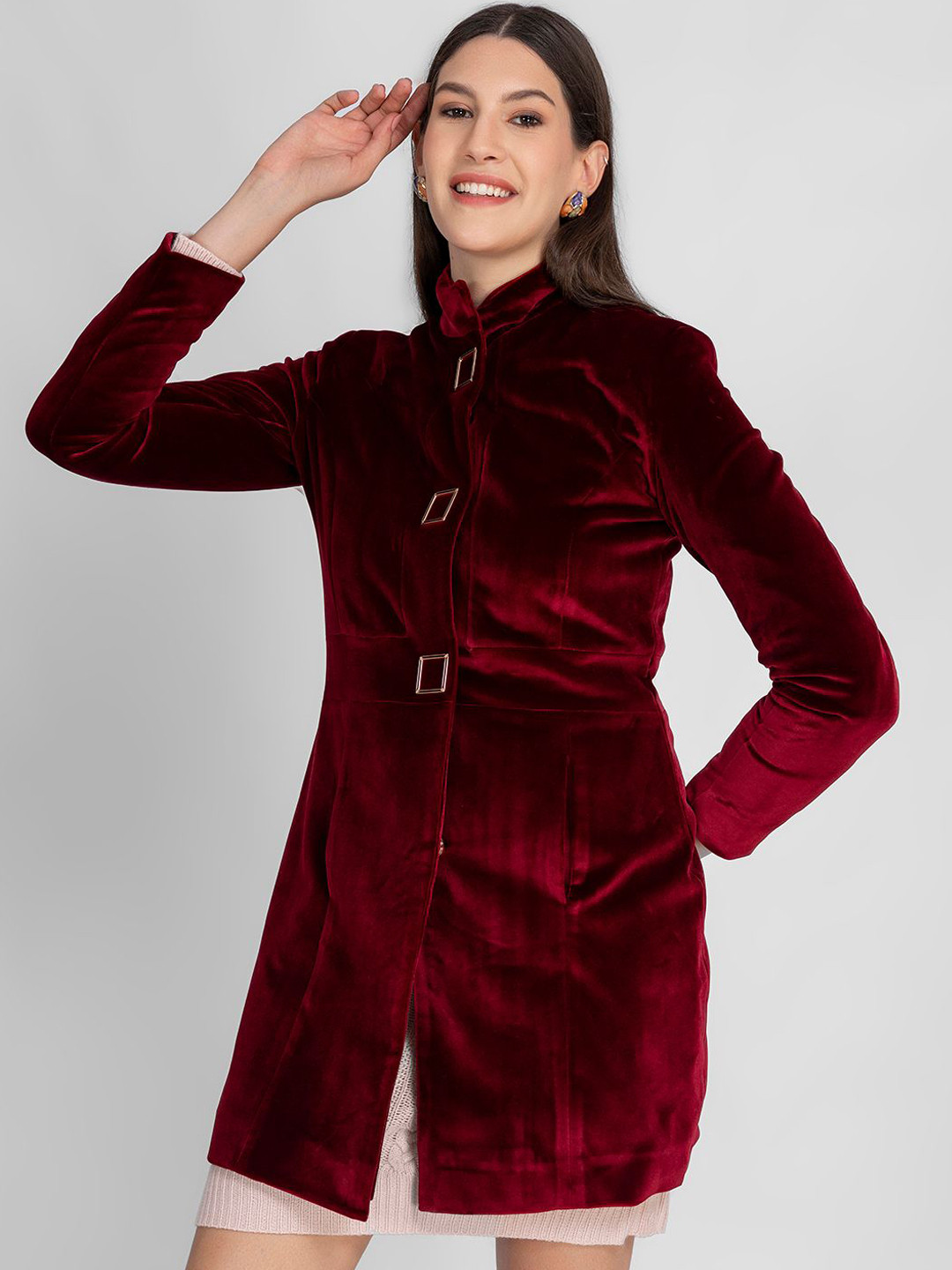 LURE URBAN Women Solid Stand Collar Full Sleeve Overcoat