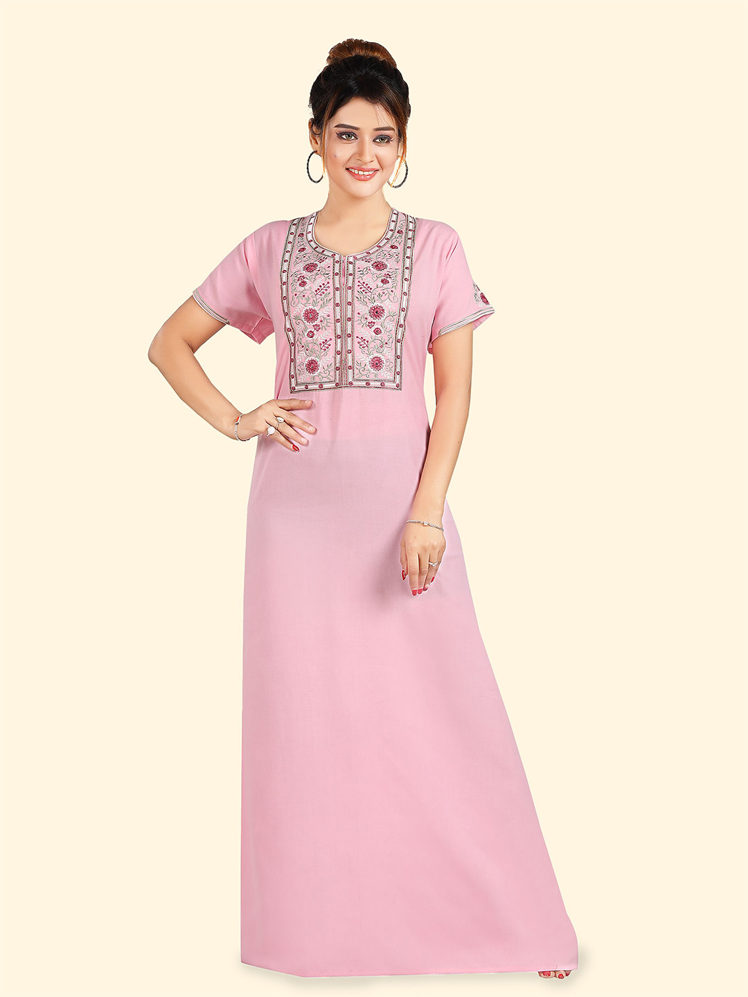 Cloud Soft Women Ethnic Motif Embroidered Short Sleeve Maxi Nightdress