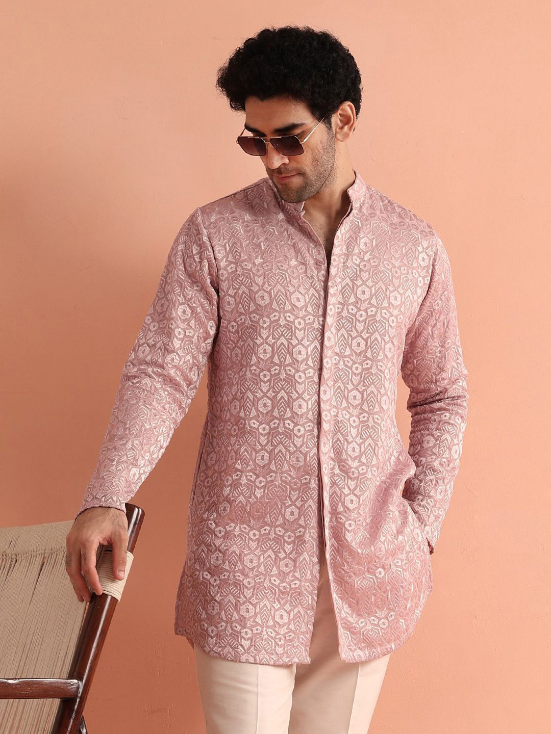 KISAH Men Geometric Embroidered Thread Work Jacquard Cotton Silk Front Open Mid Kurta