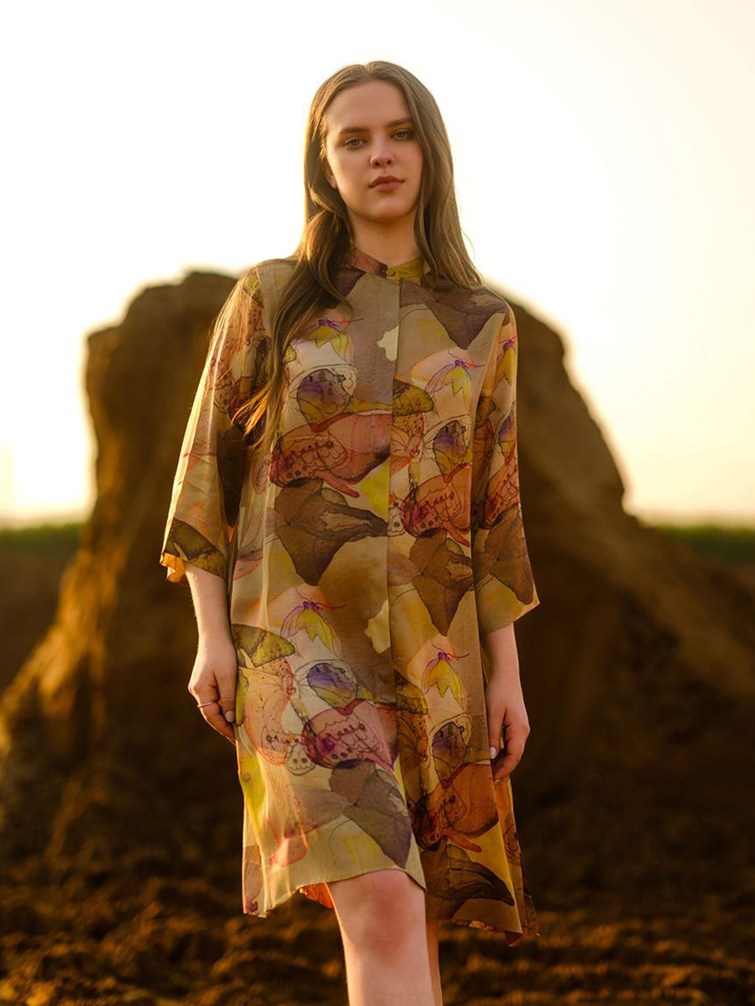 AFRIYA Women Abstract Printed Band Collar Knee Length Shirt Dress