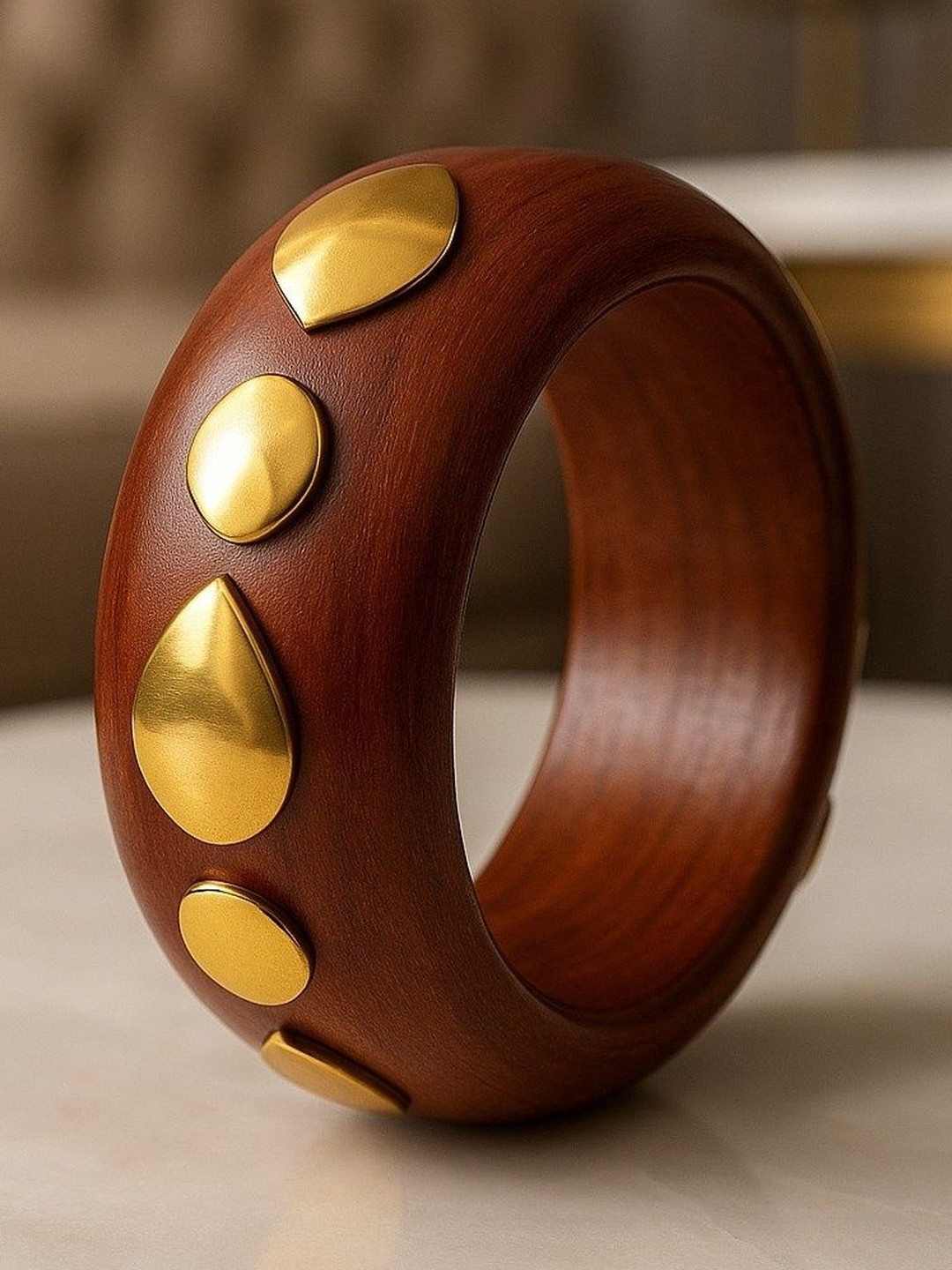 ATIBELLE Gold-Plated Stone Studded Textured wooden Bangle