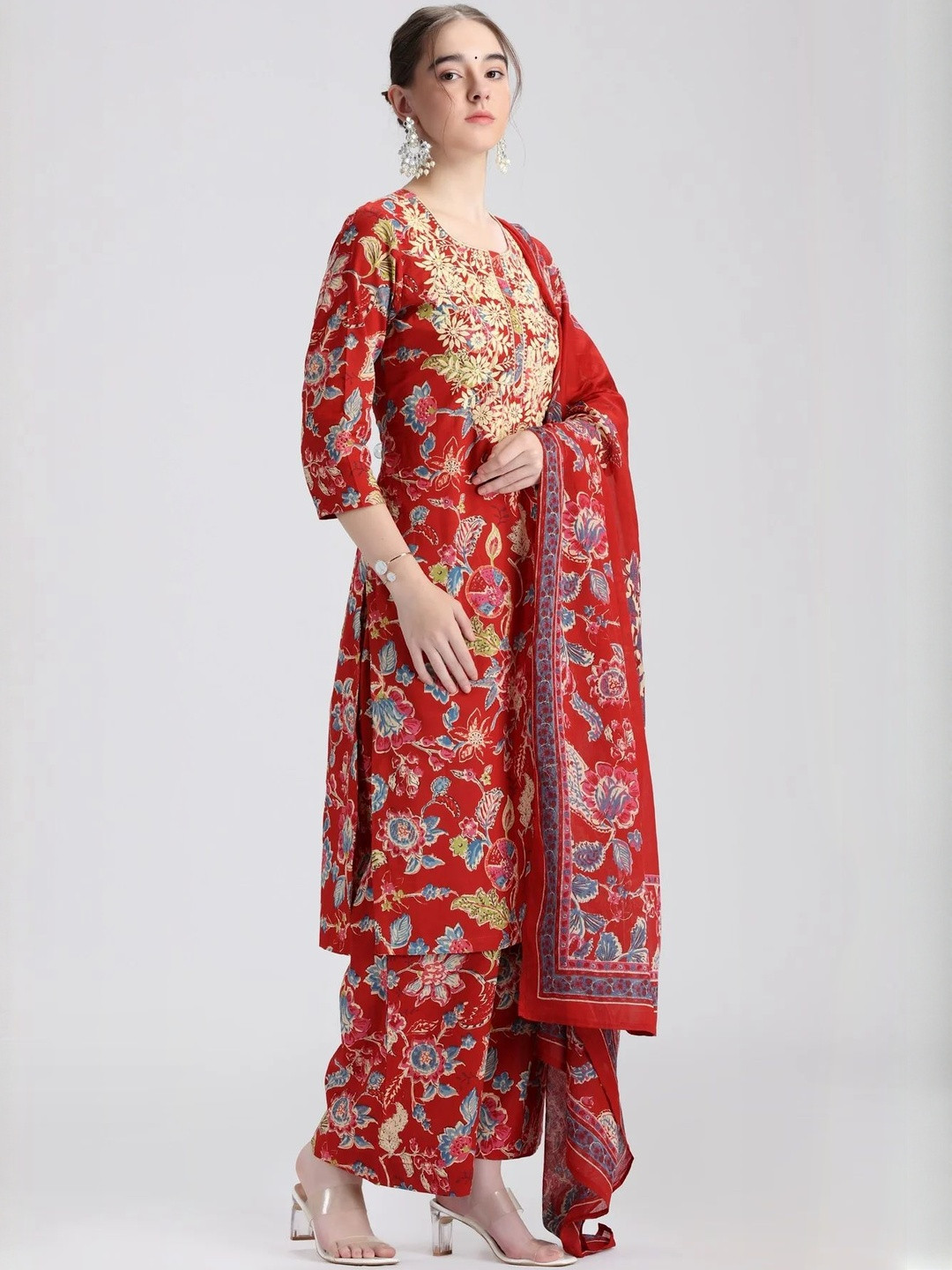COTTON CULTURE Women Rust Cotton Embroidered Straight Kurta Pant and Dupatta Suit Set
