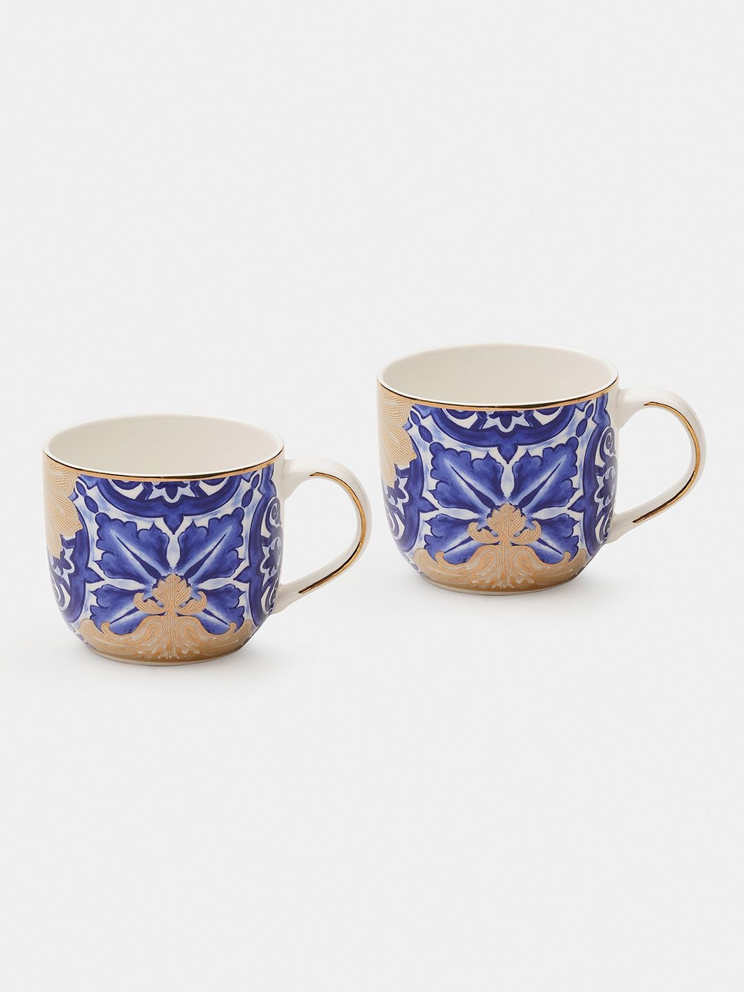Pure Home and Living Amalfi Blue & Gold Toned Floral Printed Glossy Mugs 320ml