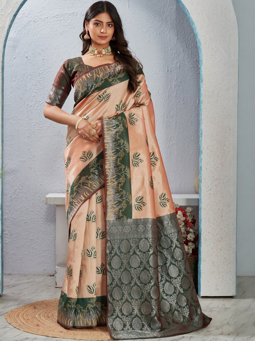 SATYAM WEAVES Ethnic Motifs Zari Banarasi Saree with Unstitched Blouse Piece