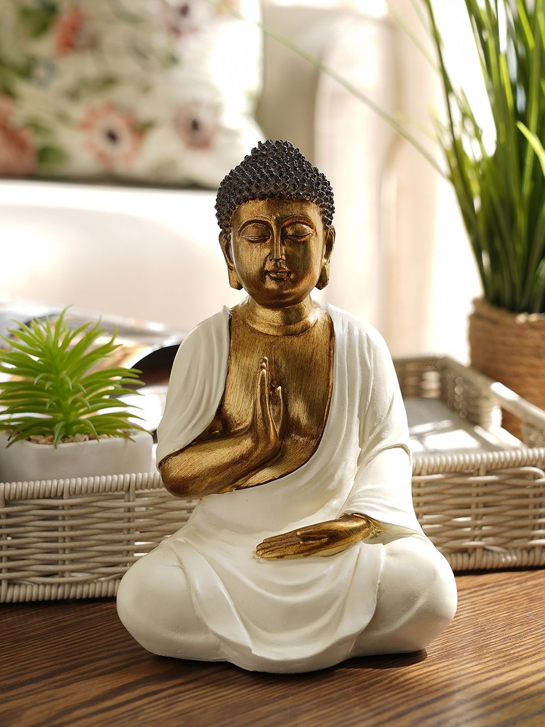 Pure Home and Living Gold-Toned & White Sitting Buddha Idol Showpiece