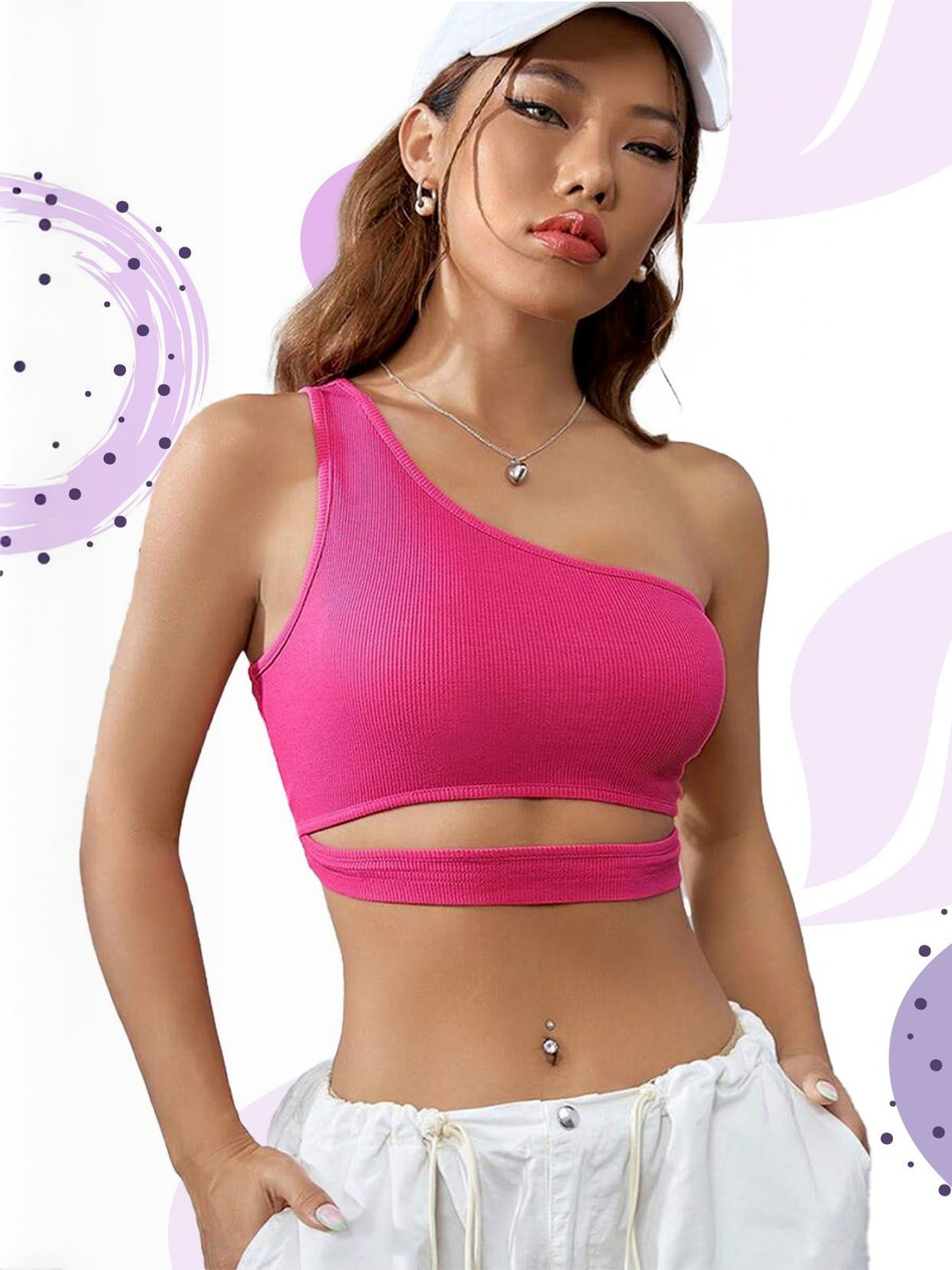KIK33 Women One Shoulder Ribbed Cut Out Detail Crop Top