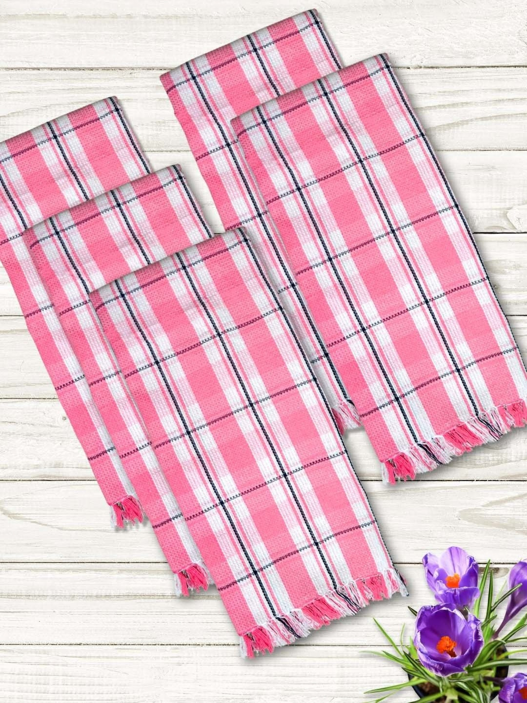 Athom Living Pink & White 5 Pieces Checkered Printed Cotton 210 GSM Thin Bath Towels