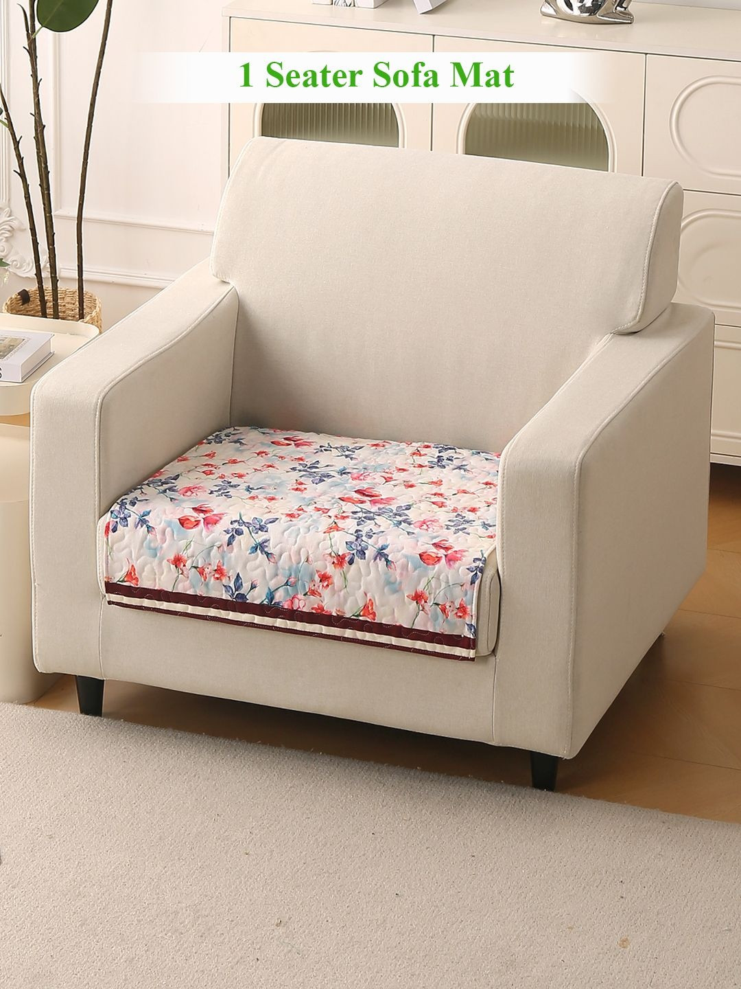 HOKIPO Florentina Series Scarlet Rose Ivory Printed Holland Velvet 1 Seater Sofa Cover Mat