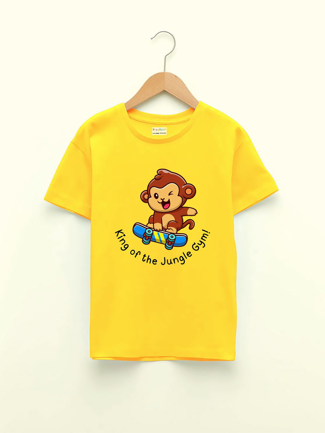 HapyHatch Boys Monkey On Skateboard Printed Regular Fit Pure Cotton Round Neck Tshirts