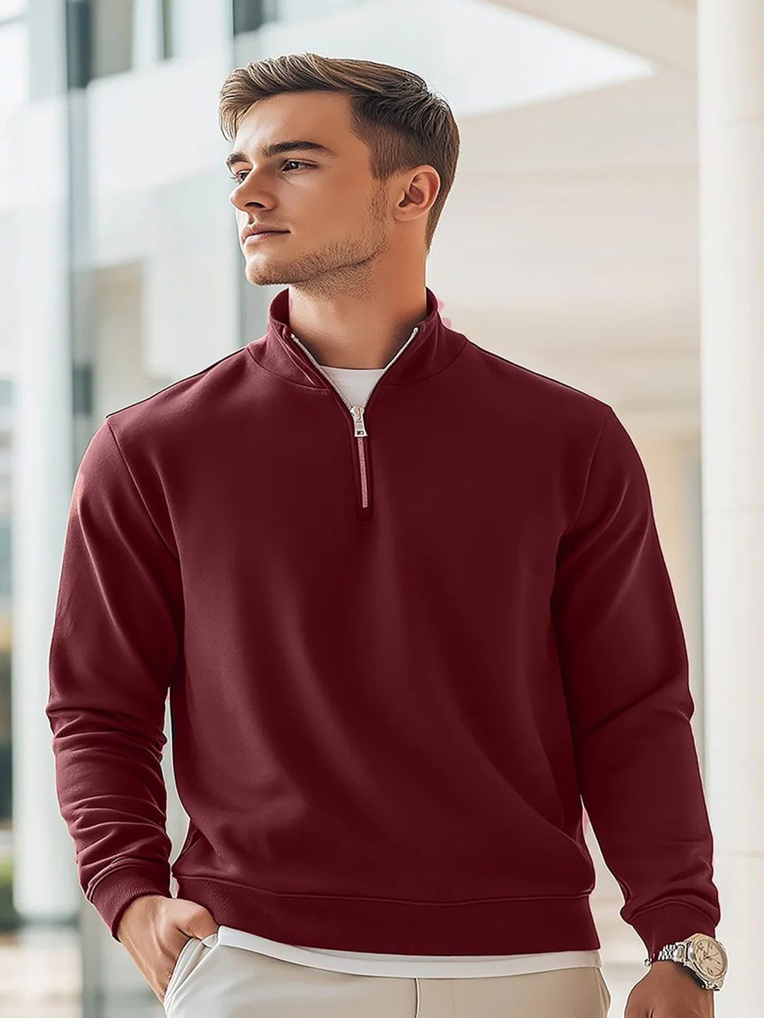 Unicus Apparel Men Mock Collar Long Sleeves Ribbed Hemline Sweatshirt