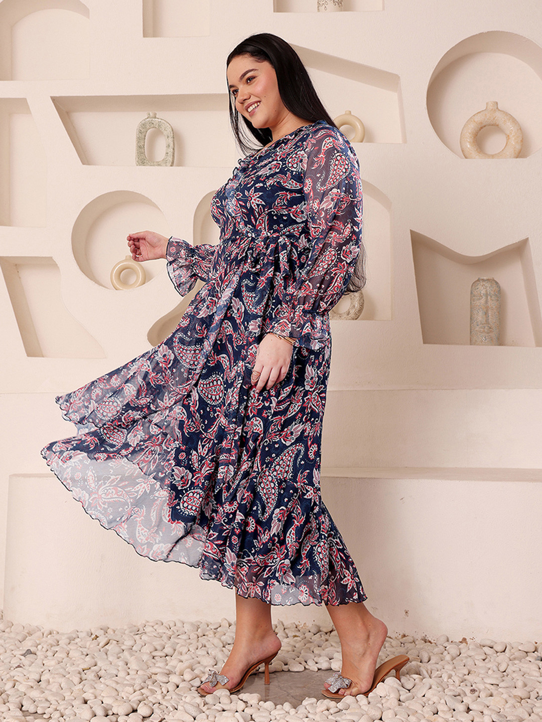 Miss Chase A+ Women's V Neck Full Sleeves Polyester Relaxed Fit Midi Length Dress