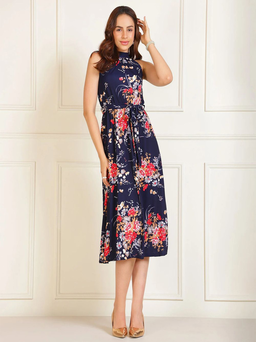 SANAITA CREATIONS Women Floral Printed Halter Neck Fit and Flare Midi Dress