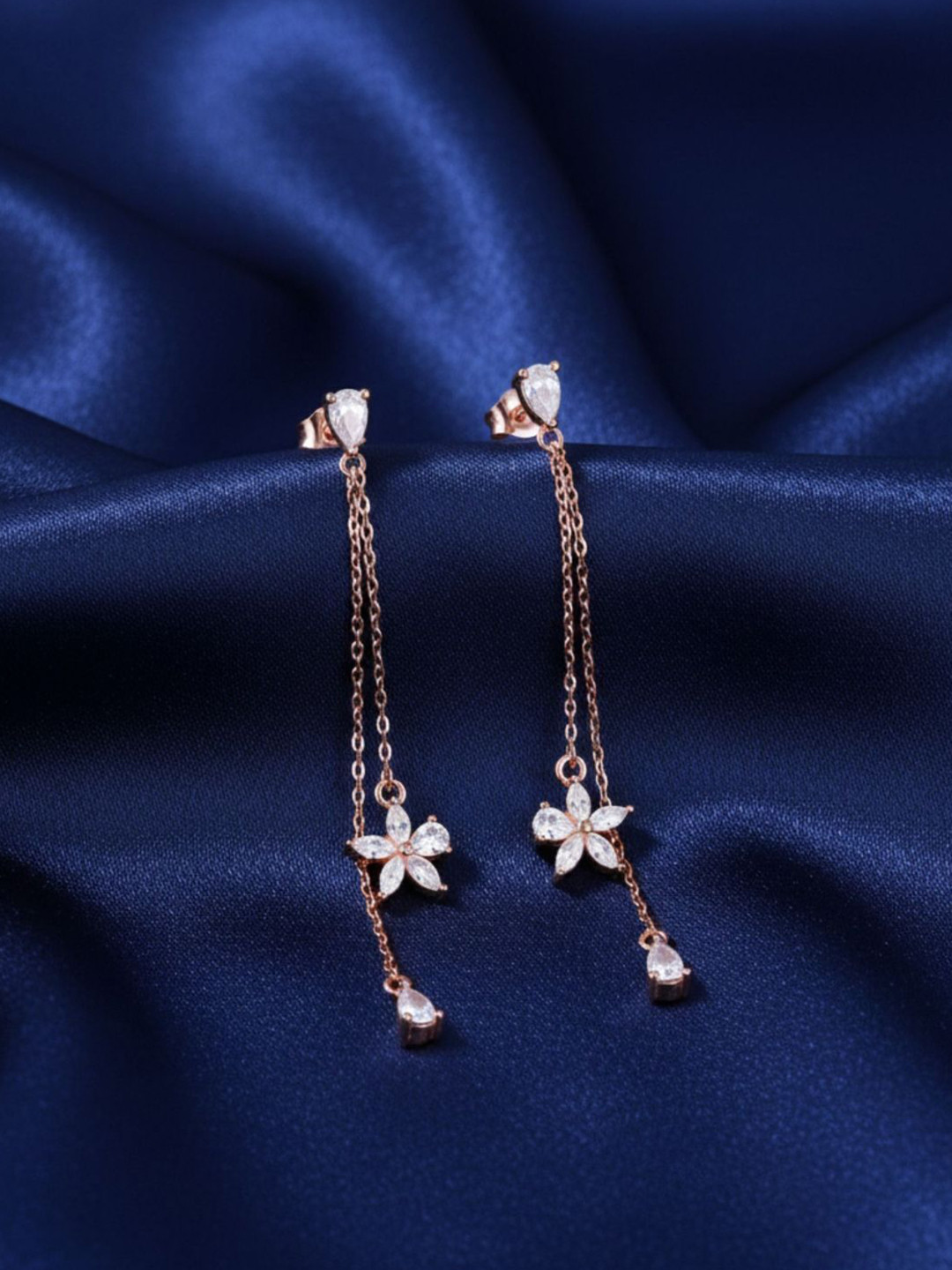 RACHIVA 925 Sterling Silver Rose Gold-Plated Chic Floral Zircon Rose Gold Drop Earrings