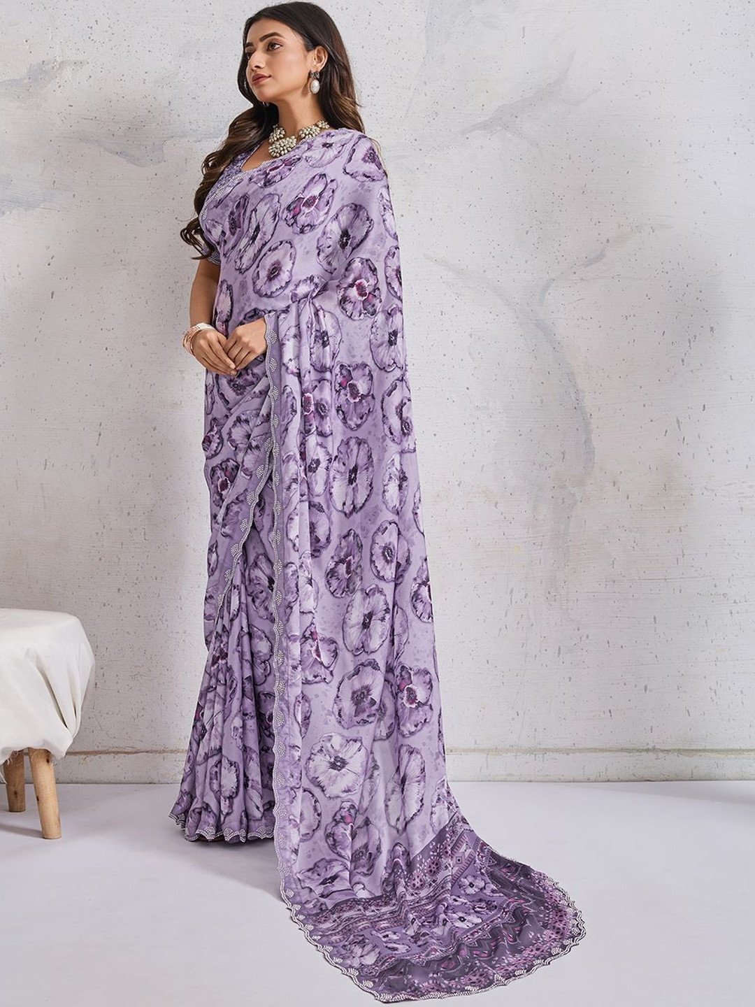 100 Dreams Floral Printed Beads and Stones Detailed Border Satin Saree