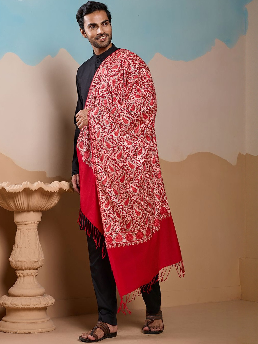 Sangria Paisley Embroidered Thread Work Tasselled Border Detail Shawl