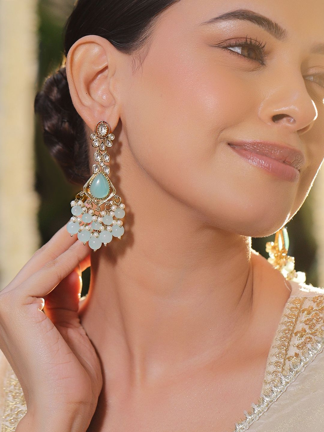 Rubans 22K Gold-Plated Light Blue Beaded Kundan & Zirconia Studded Chandelier Earrings
