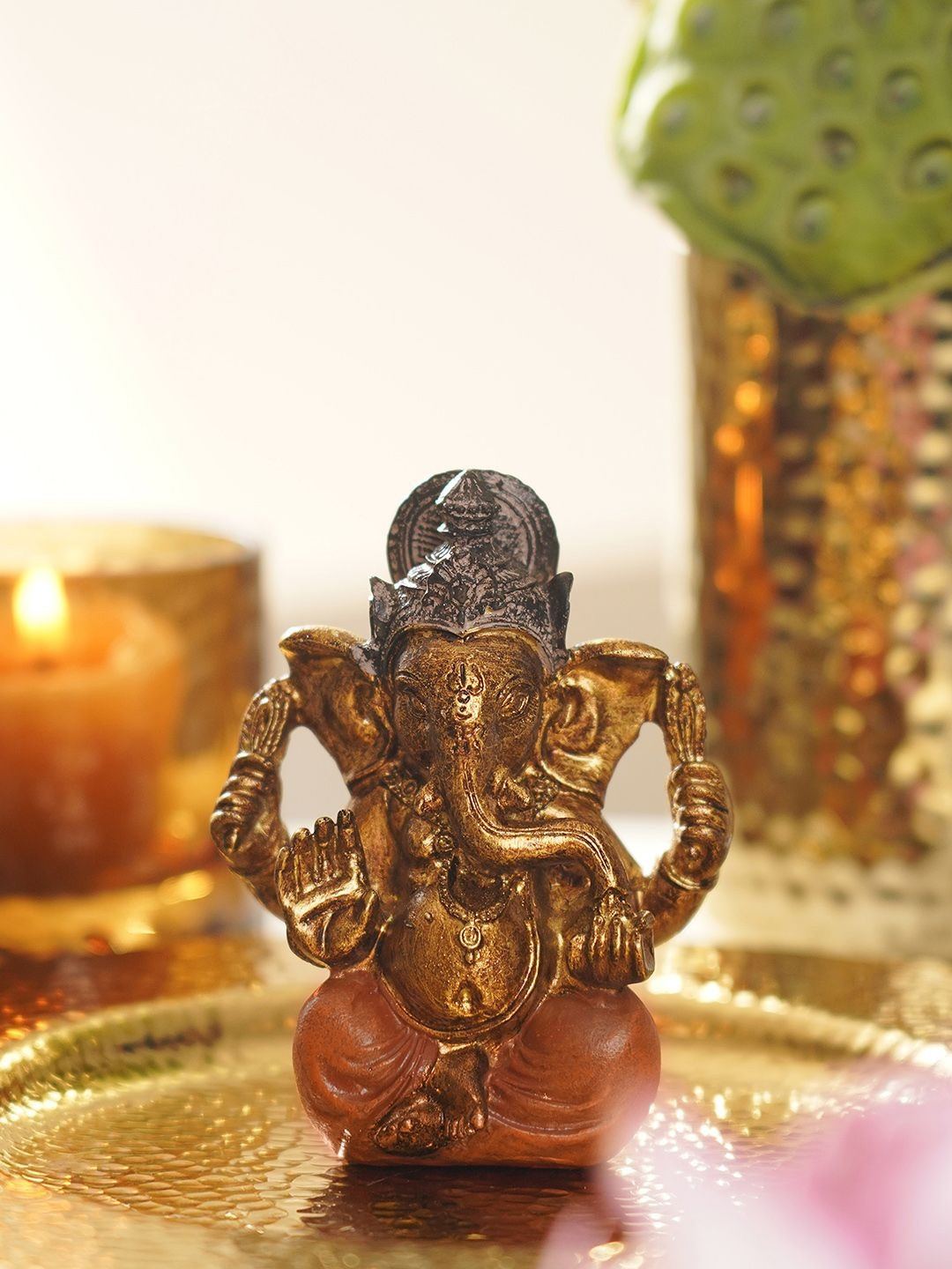 Pure Home and Living Gold-Toned & Orange Religious Antique Sitting Ganesha Idol Showpiece