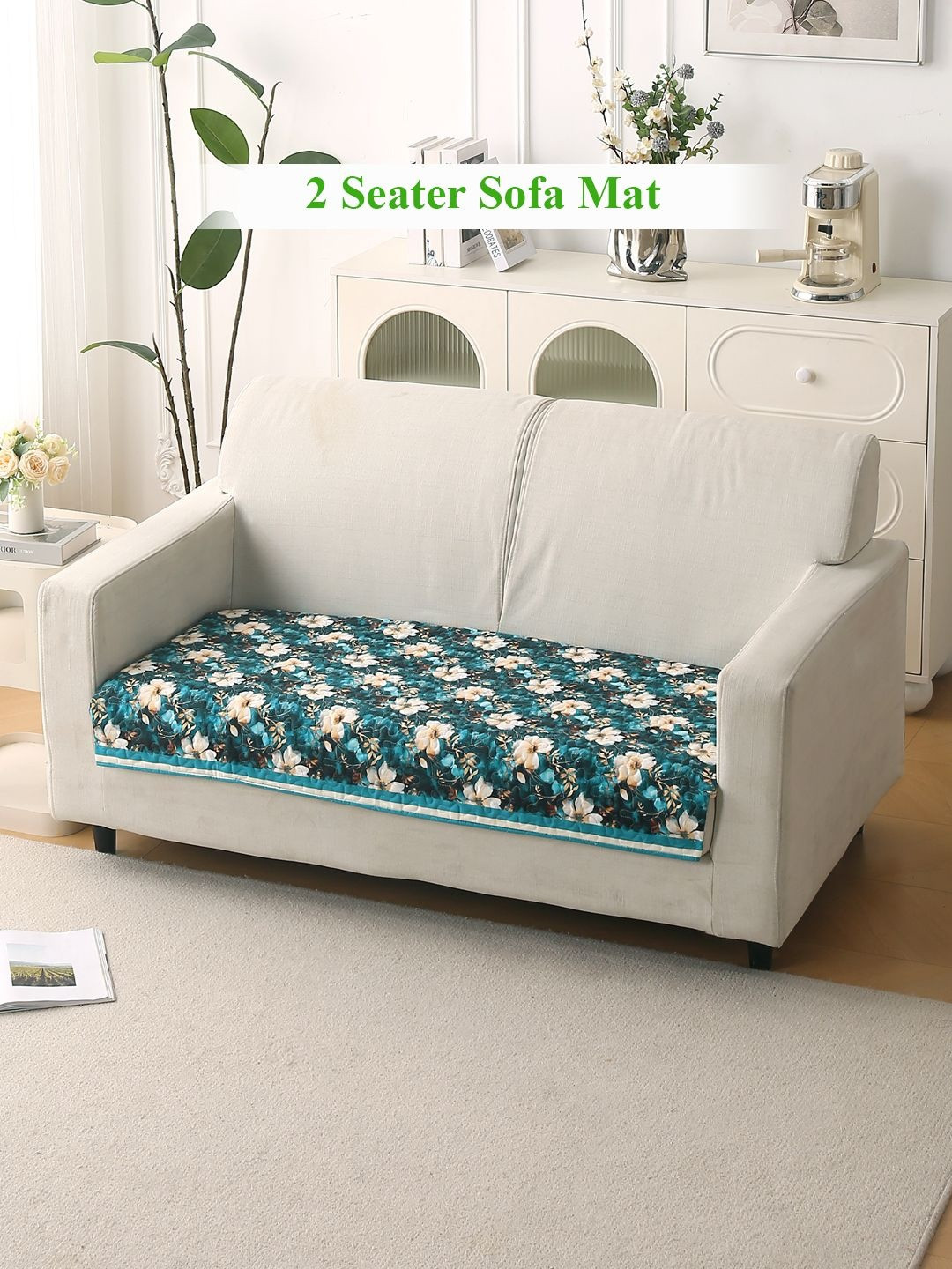 HOKIPO Florentina Series Pansies Teal Printed Holland Velvet 2 Seater Sofa Cover Mat