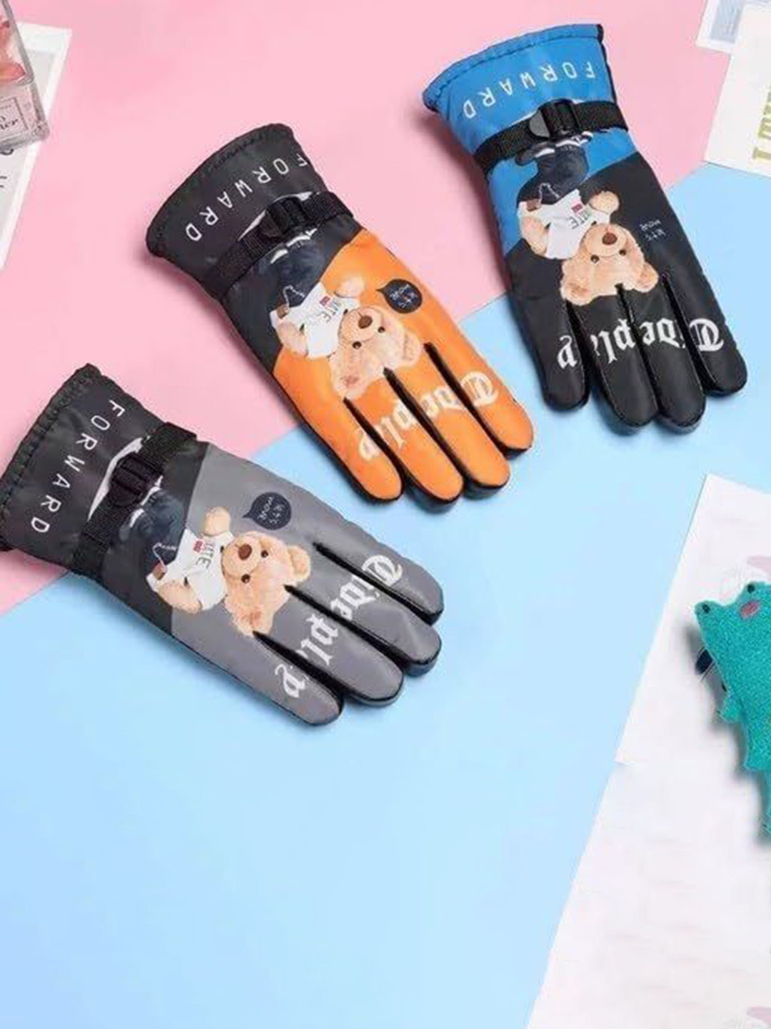 Eleg & Stilance Kids Pack Of 3 Teddy Print Warm & Cozy Hand Gloves