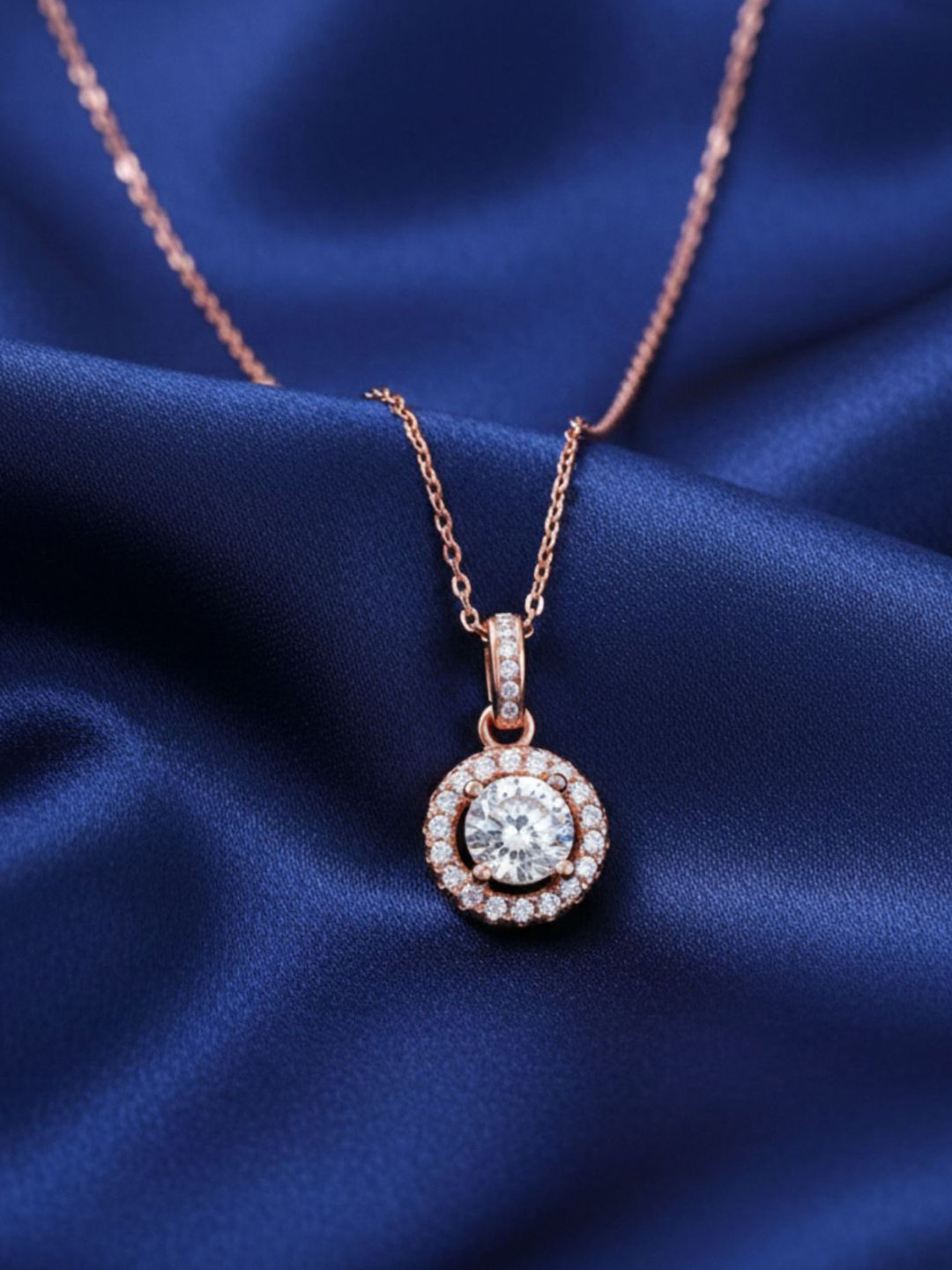 RACHIVA 925 Sterling Silver Ornate Solitaire Zircon Rose Gold Pendant with Link Chain