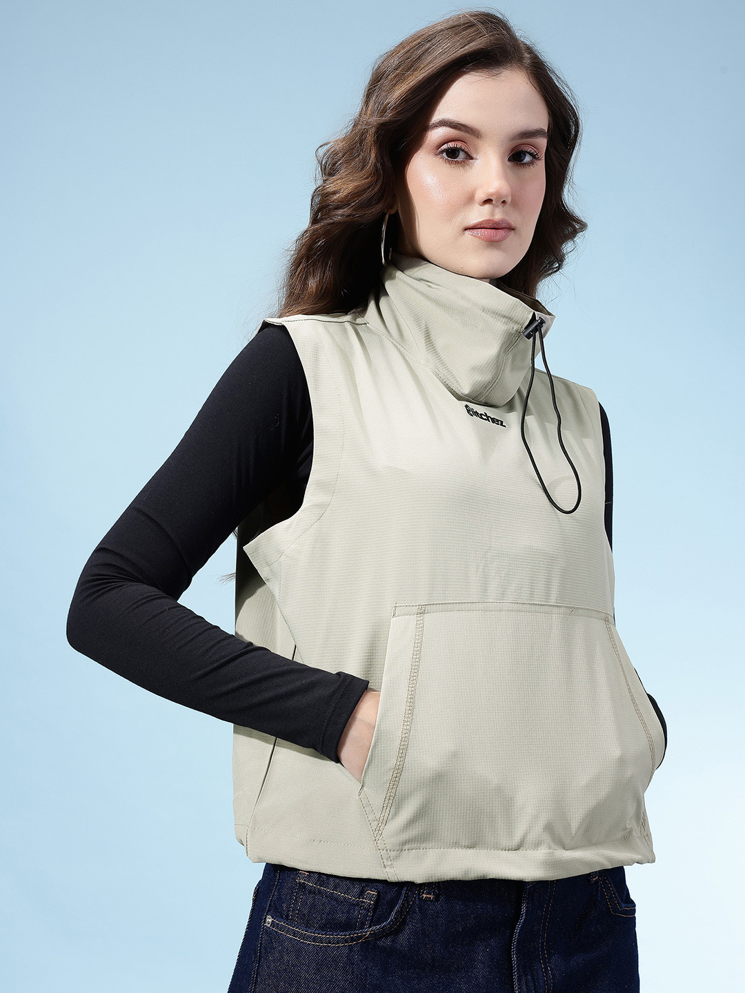 glitchez High Neck Sleeveless Crop Windcheater Tailored Jacket with Toggled Hem and Neck