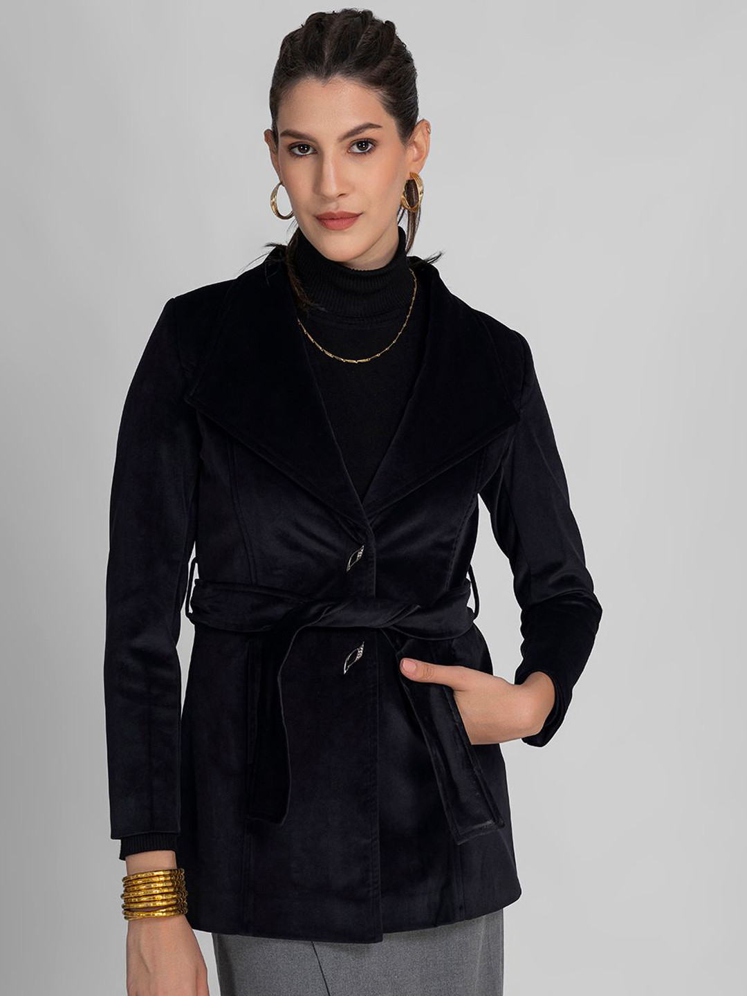 LURE URBAN Women Notched Lapel Collar Single-Breasted Winter Overcoat With Belt