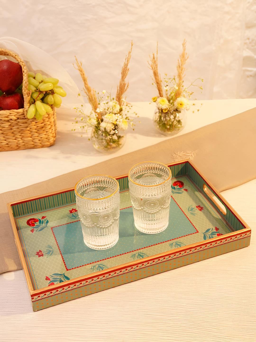 JAYPORE Blue And Red Printed Rectangle Shaped Serving Tray