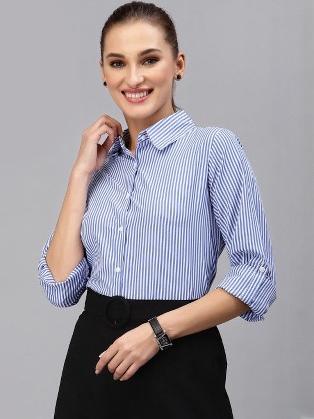 Style Quotient Women Vertical Striped Shirt Collar Roll-Up Sleeves Shirt Style Top