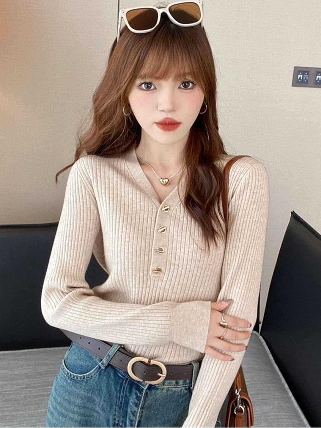 Outzidr Women Beige V-Neck Ribbed Top with Button Detail