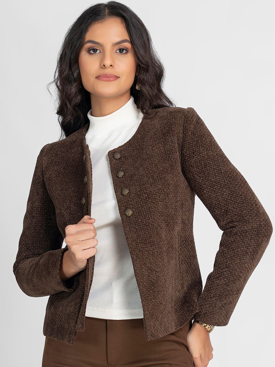 LURE URBAN Women Self Design Round Neck Short Overcoat