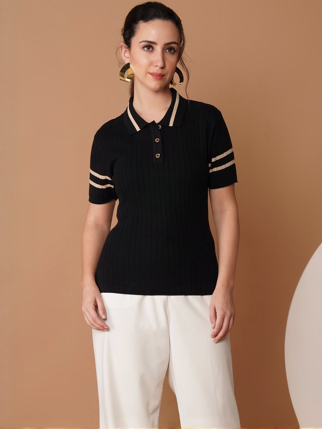 Chemistry Women Regular Fit Ribbed Pure Cotton Polo Collar T-shirt