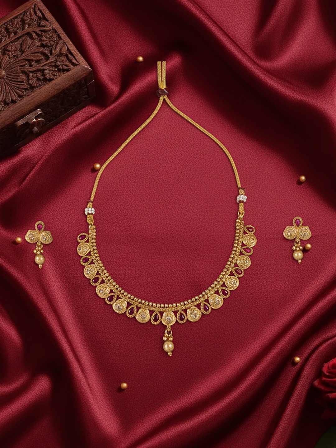 SOLLIGHT Women Gold-Plated Cubic Zirconia Studded Necklace and Earrings Jewellery Set