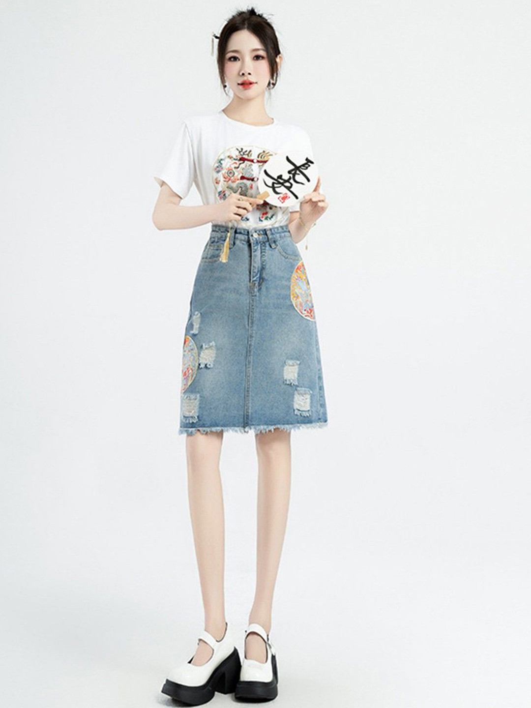 HERE&NOW Women Distressed High-Waist A-Line Denim Skirt With Applique Detail