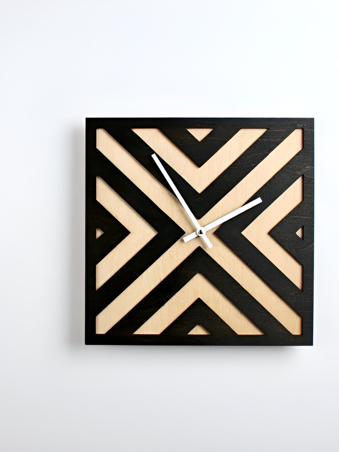 QEZNEF Brown & Black Geometric Printed Square Analogue Wooden Wall Clock