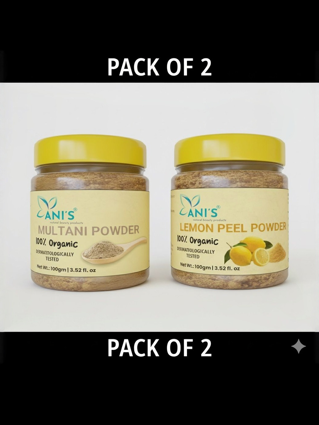 ANI'S Set Of 2 Organic Multani Mitti & Lemon Peel Powder For Face And Hair - 100 g Each