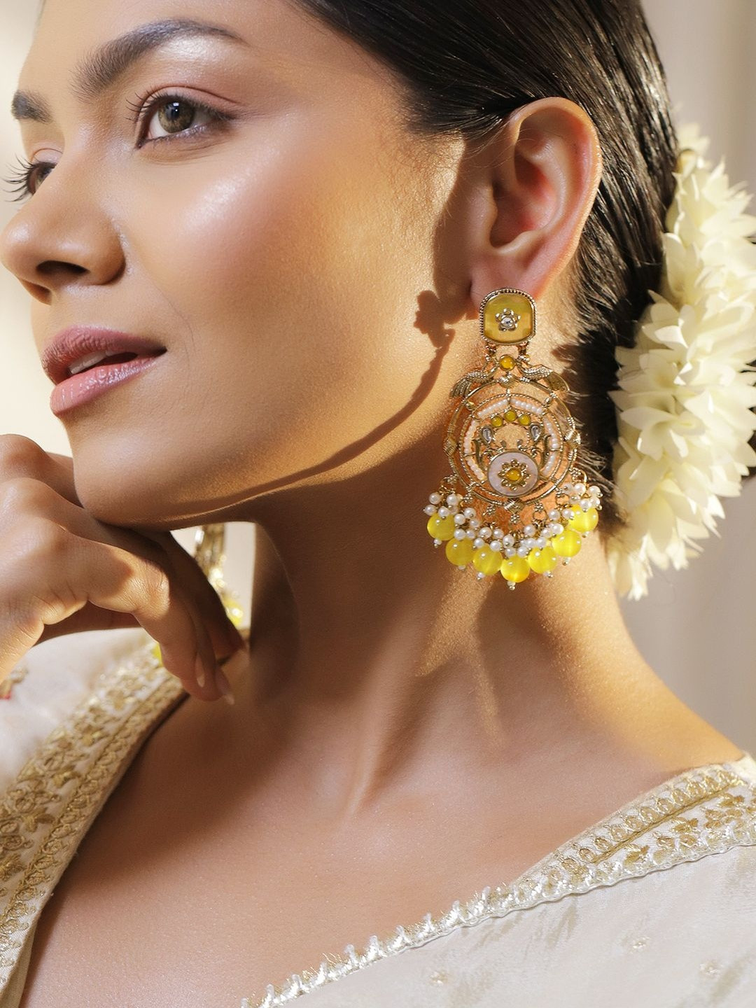 Women 18K Antique Gold-Plated Yellow Stone, Pearl & Yellow Beaded Long Chandbali Earrings