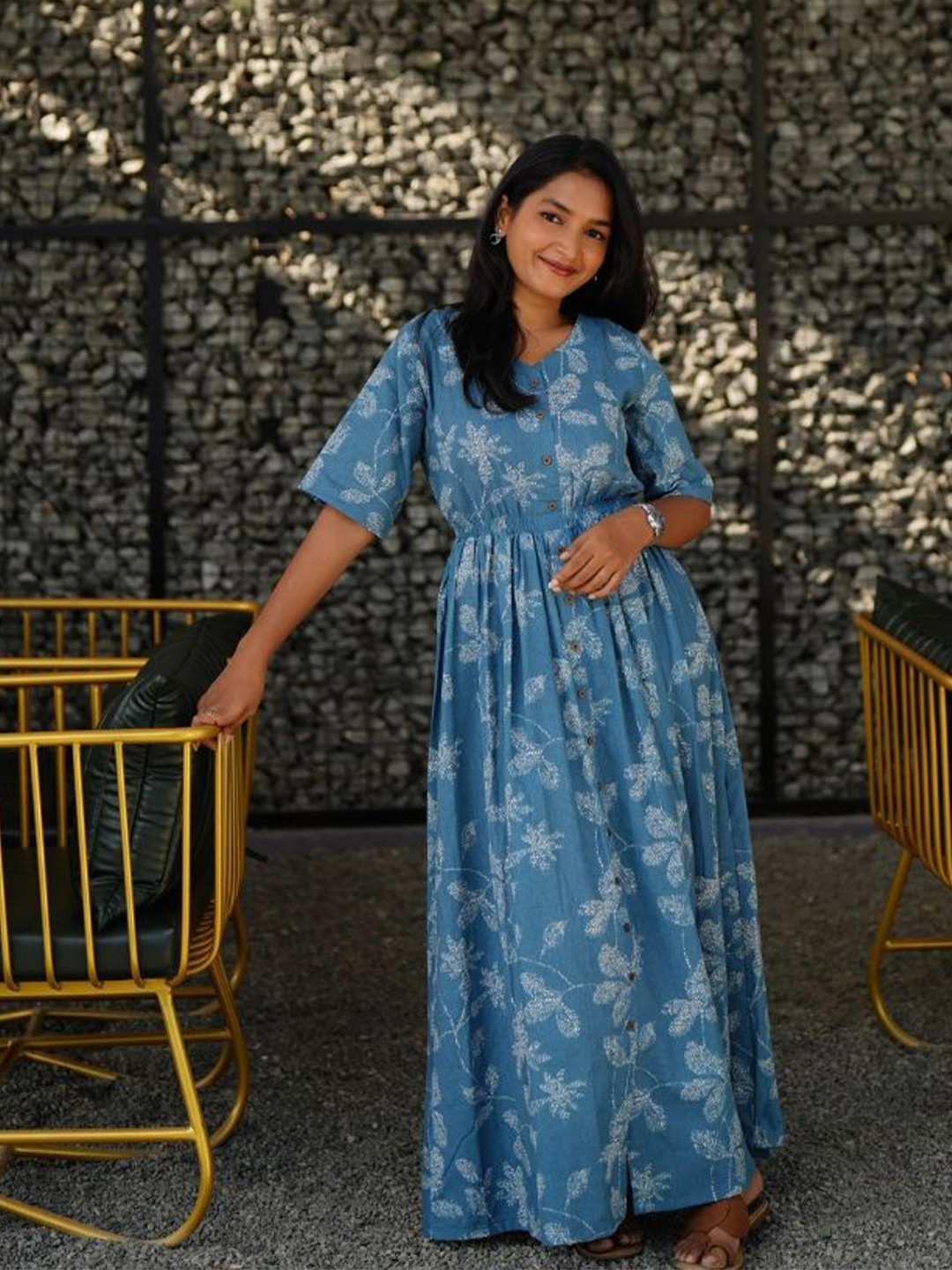 HAY Women Floral Print Short Sleeves Button Down Cotton Maxi Dress