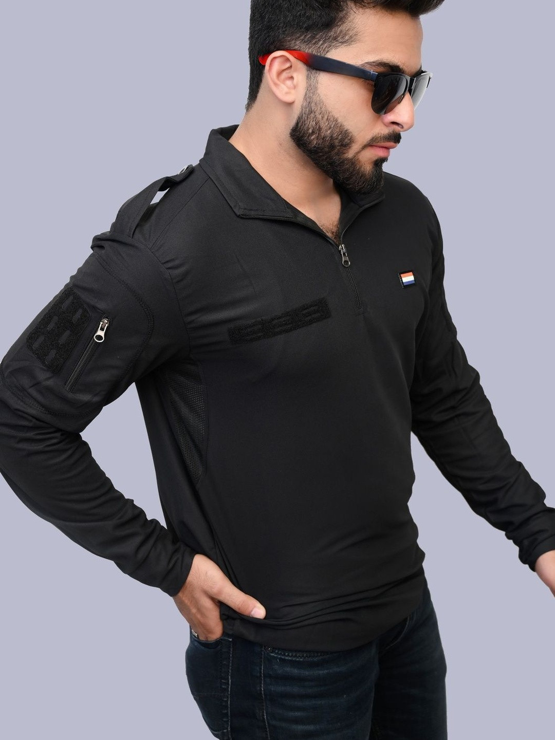 Para Trooper Men Self Design Polo Collar Long Sleeves Cotton Regular Fit T-shirt