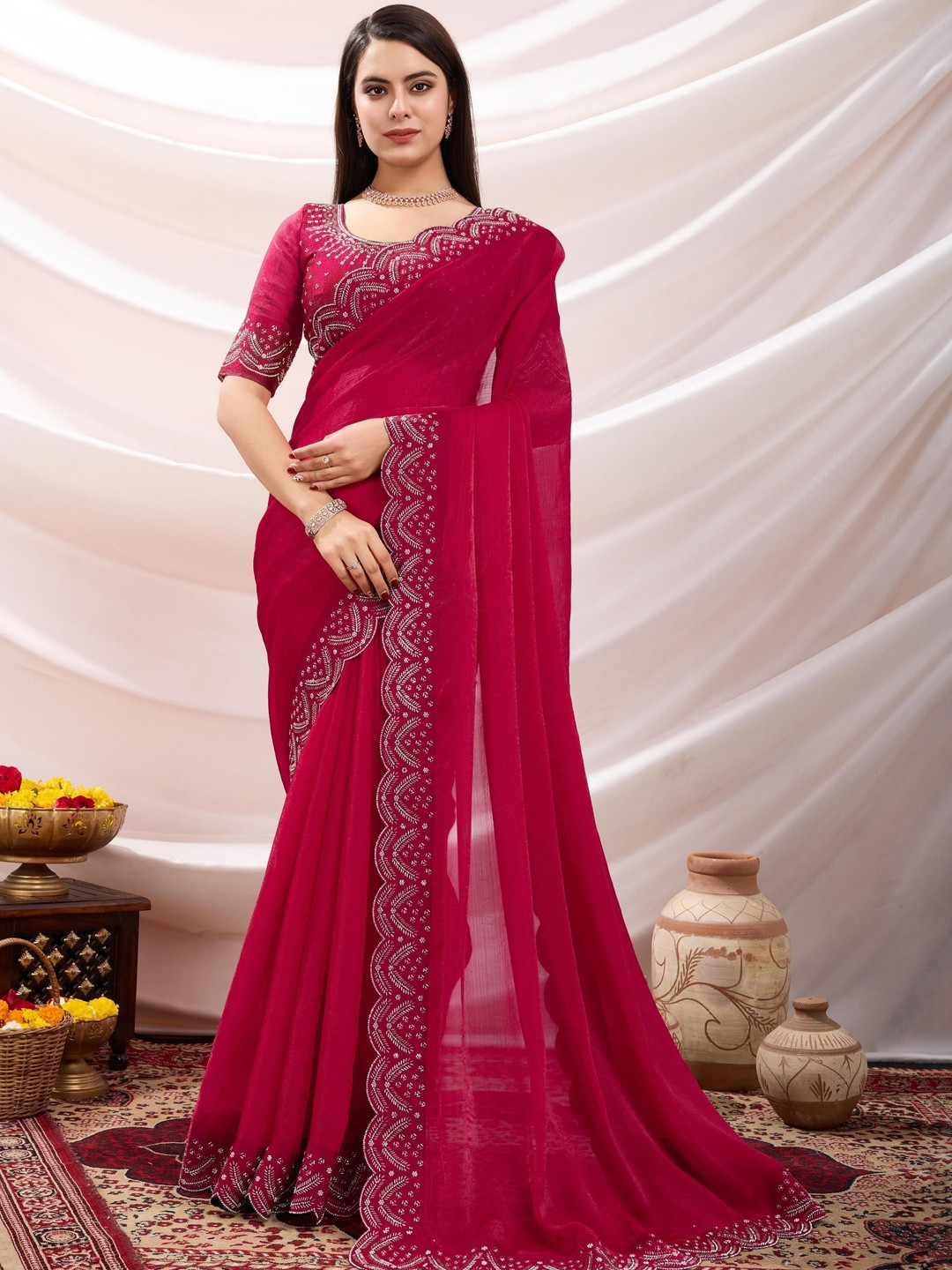 Smart Stree Zari Border Pure Chiffon Saree With Unstithced Blouse Piece