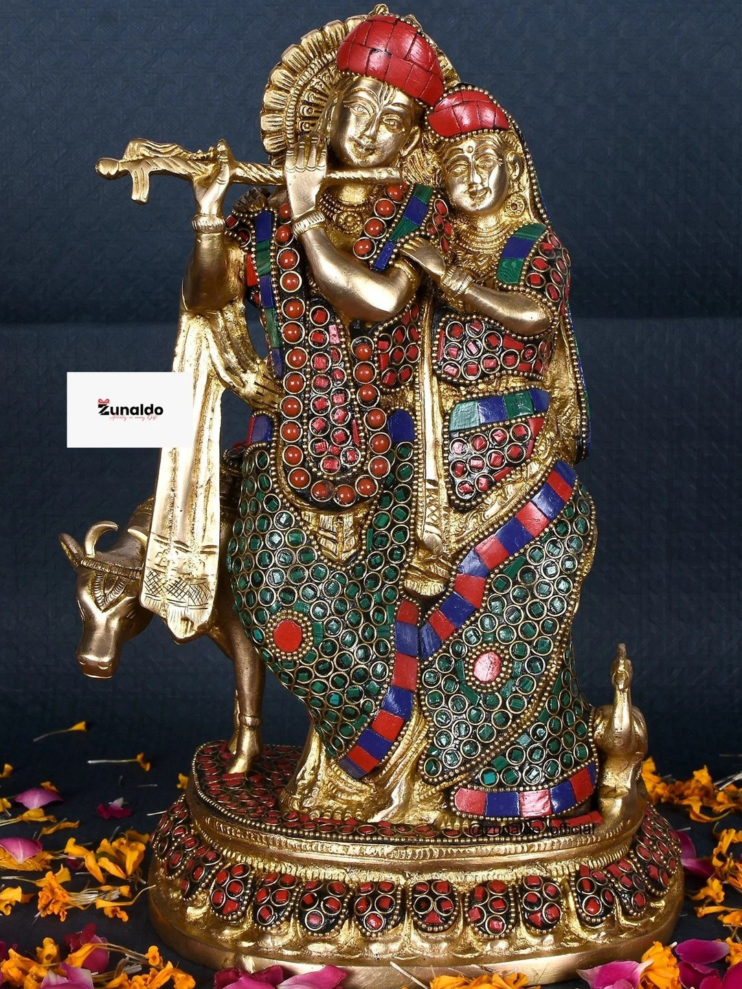 Zunaldo Green & Red Radha Krishna Idol with Cow Showpieces