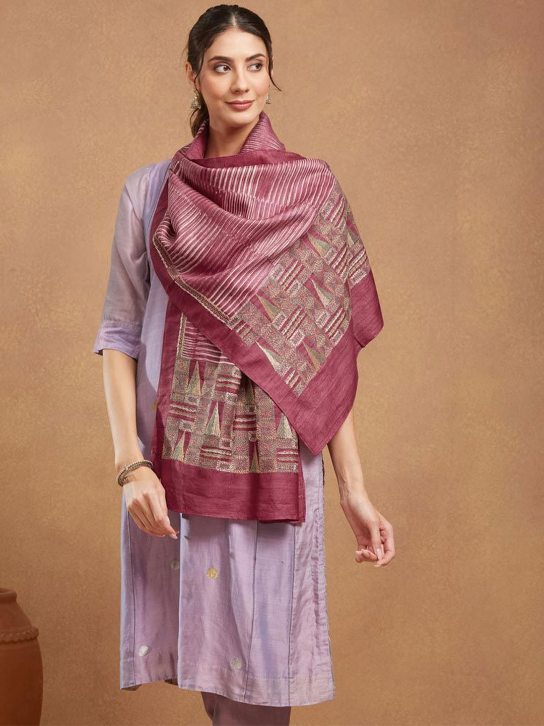 Fabindia Women Striped Kantha Embroidered Stole