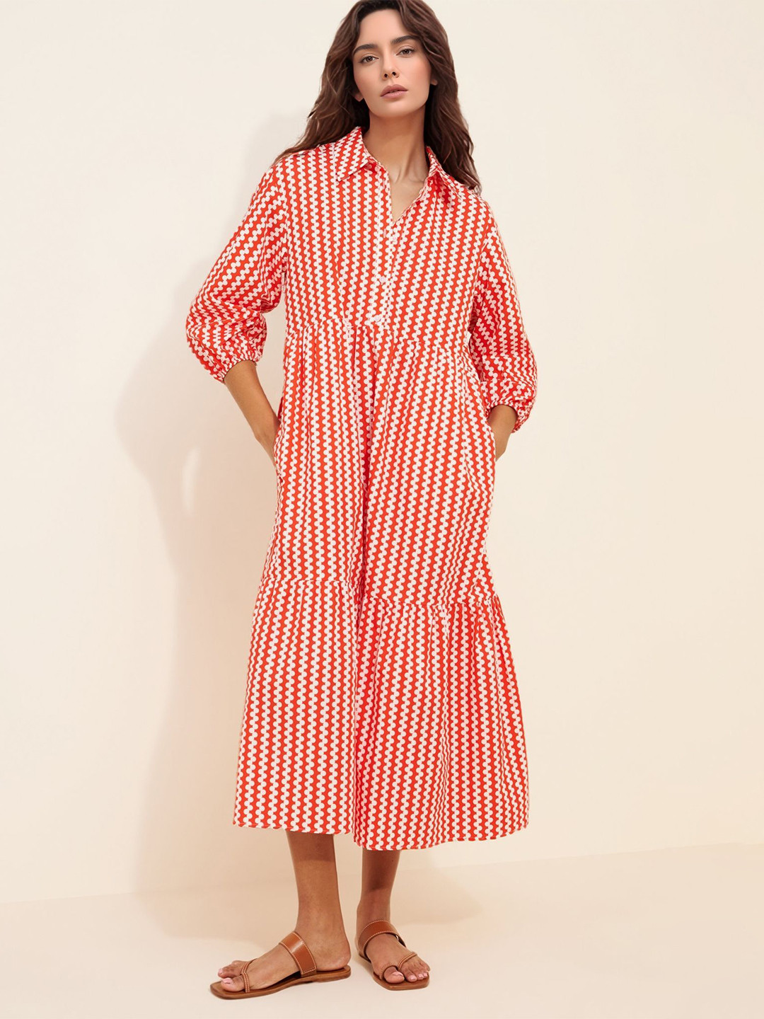 R.Code by The Roadster Life Co. Striped Shirt Style Tiered Midi Dress