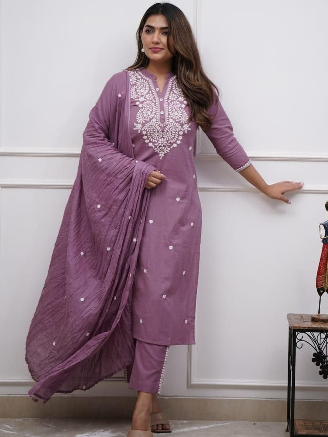 TREDIFIC Ethnic Motifs Embroidered Thread Work Pure Cotton Kurta With Trousers & Dupatta