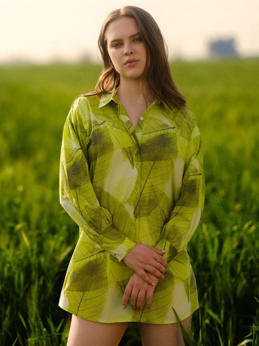 AFRIYA Women Comfort Fit Floral Printed Spread Collar Cotton Ferns Long Casual Shirt