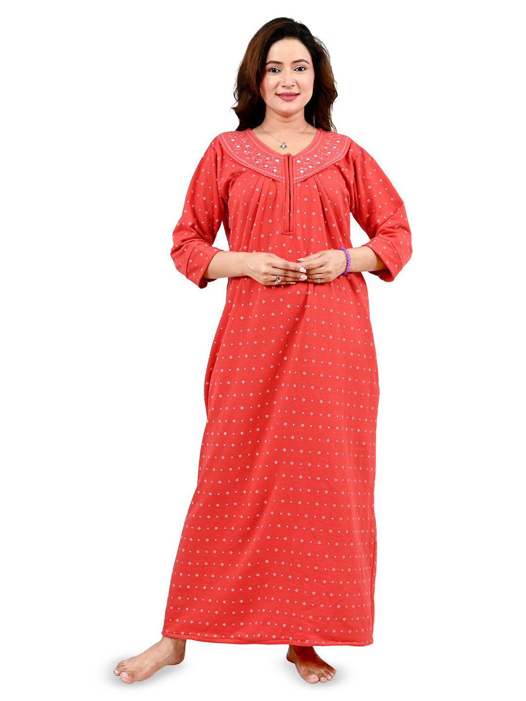 MIAVII CREATION MIAVII Winter Woolen Nighty Women Geometric Printed V-Neck Maxi Nightdress